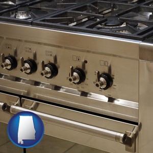 a stainless steel gas range and oven - with Alabama icon