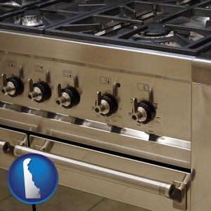 a stainless steel gas range and oven - with Delaware icon