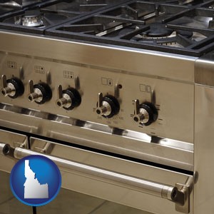 a stainless steel gas range and oven - with Idaho icon