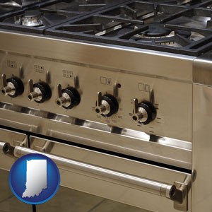 a stainless steel gas range and oven - with Indiana icon