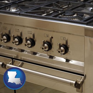 a stainless steel gas range and oven - with Louisiana icon