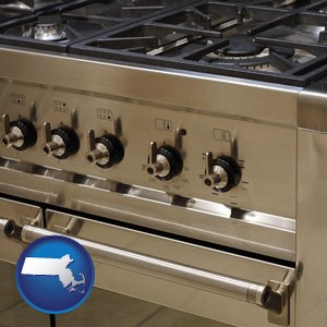 a stainless steel gas range and oven - with Massachusetts icon