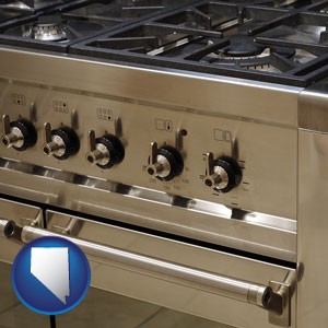 a stainless steel gas range and oven - with Nevada icon