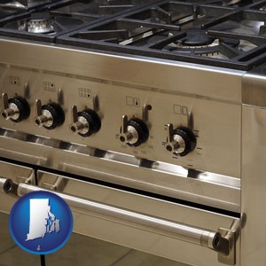 a stainless steel gas range and oven - with Rhode Island icon