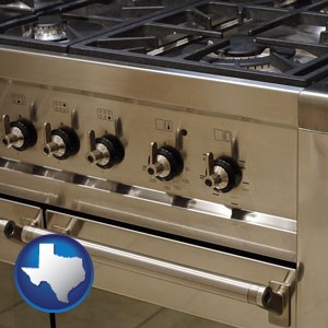 a stainless steel gas range and oven - with Texas icon